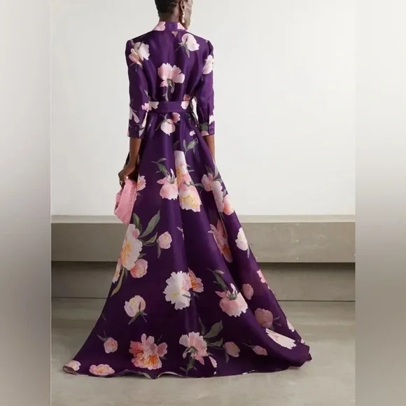 CAROLINA HERRERA Trench Gown in Fig Multi Purple Floral Belted Dress Size 8 NWT - Picture 3 of 13